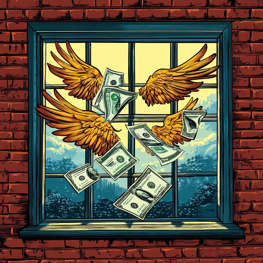 Money and logo icons flying out window with wings.