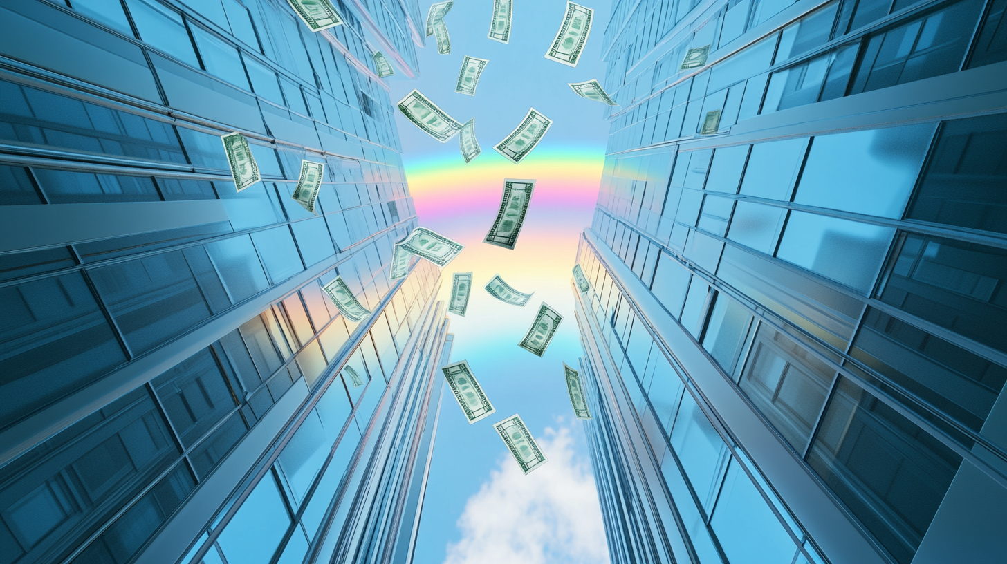 Money flowing from office building windows, rainbow above.