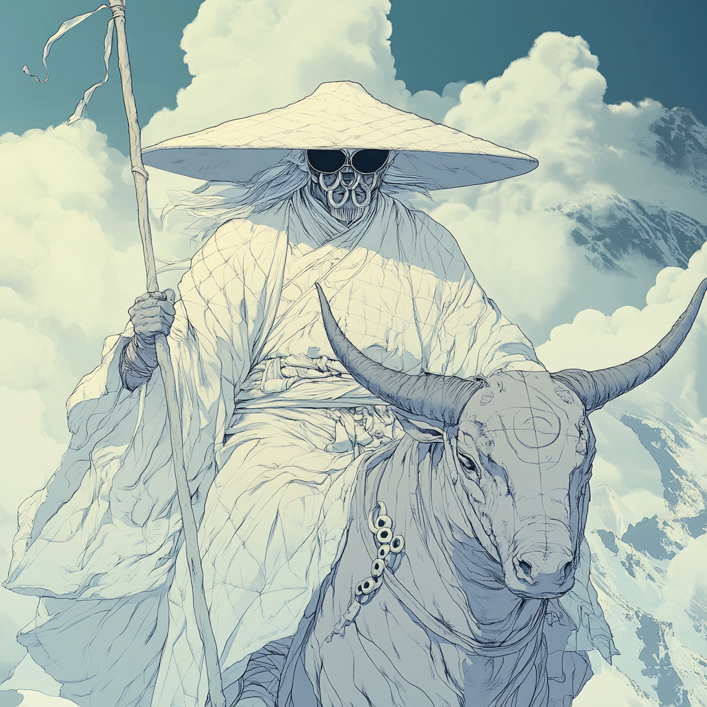 Monk in white mask and robe summons ghostly ox.