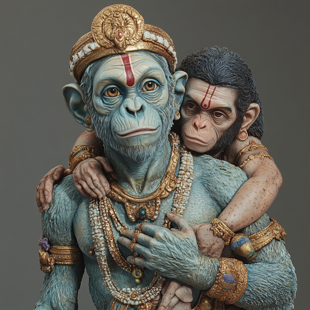 Monkey Hanumanji carrying Shri Ram and Lakshman brilliantly.