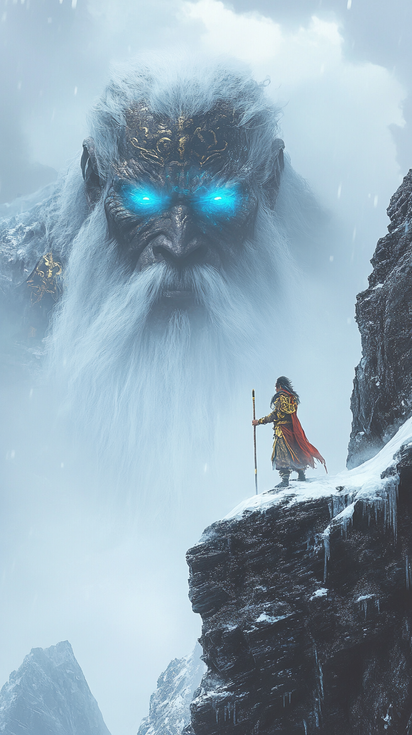 Monkey King Sun Wukong faces ancient giant on mountain.