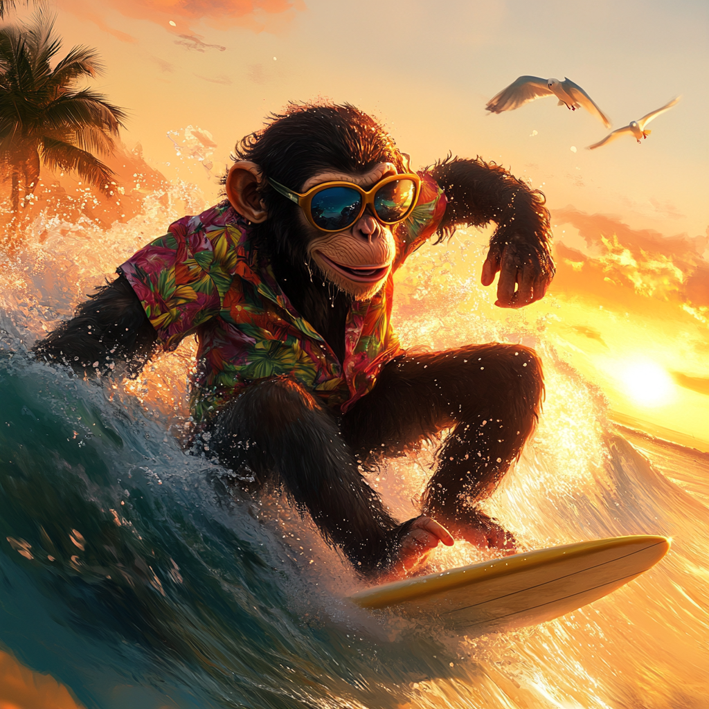 Monkey surfing a big ocean wave at sunset. Surfboard, sunglasses.