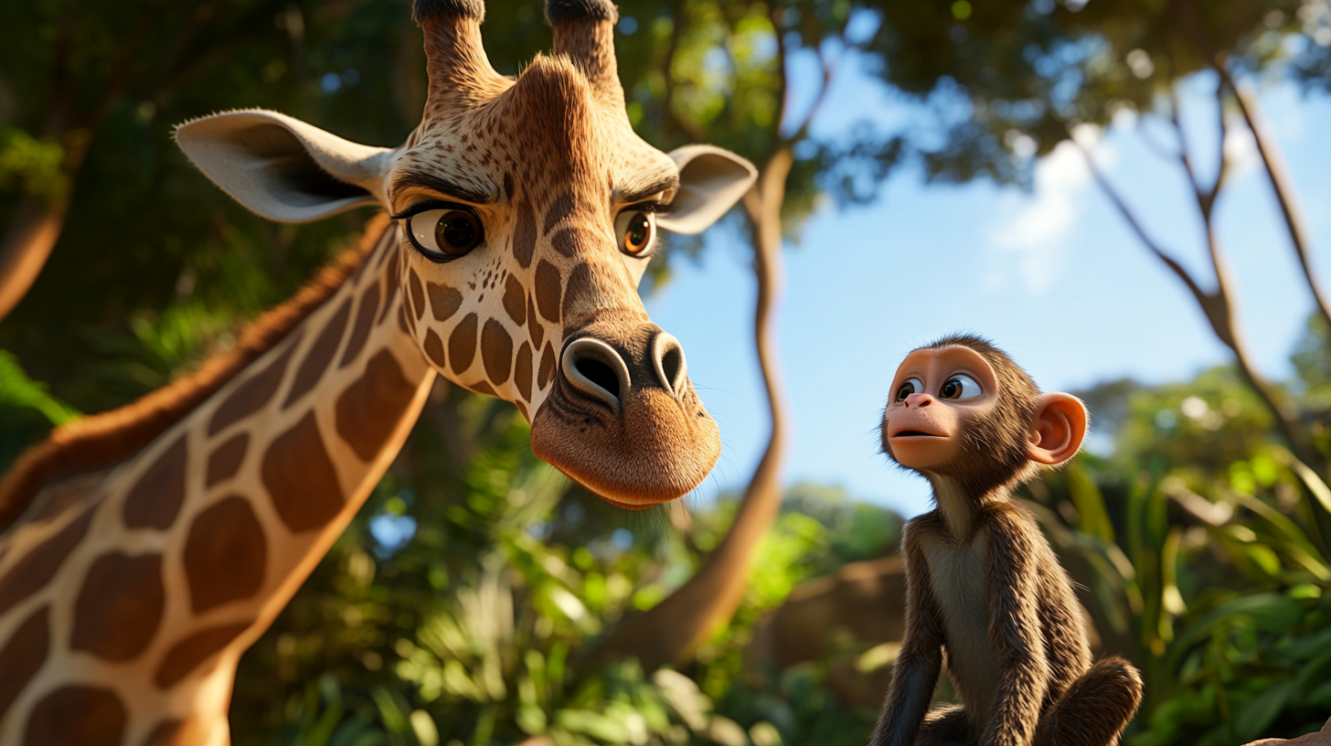 Monkey tries to talk to Zuma the giraffe.