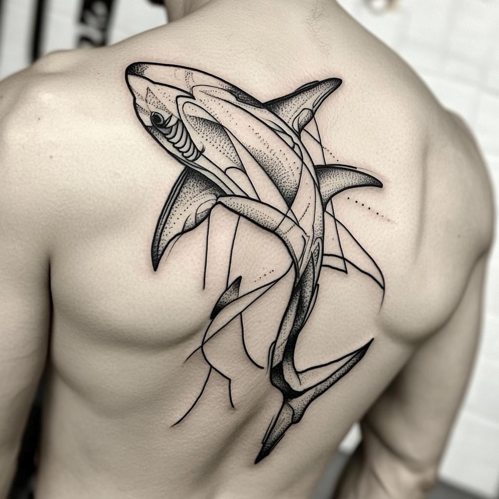 Monochromatic shark tattoo wrapping body with bold lines and shading.