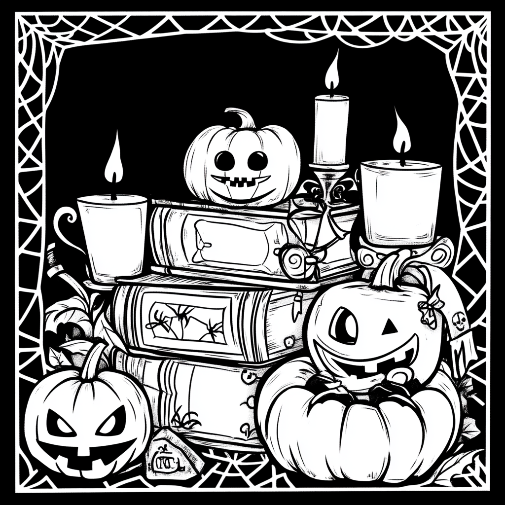 Monochrome Halloween theme with books, candles, and mugs.