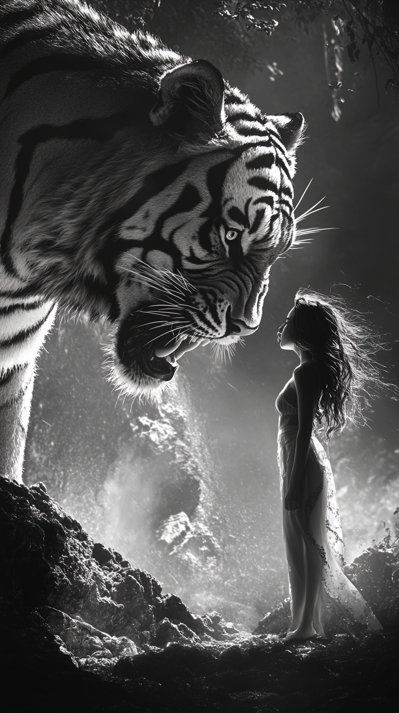 Monochrome image of girl and tiger showcasing dynamic balance.