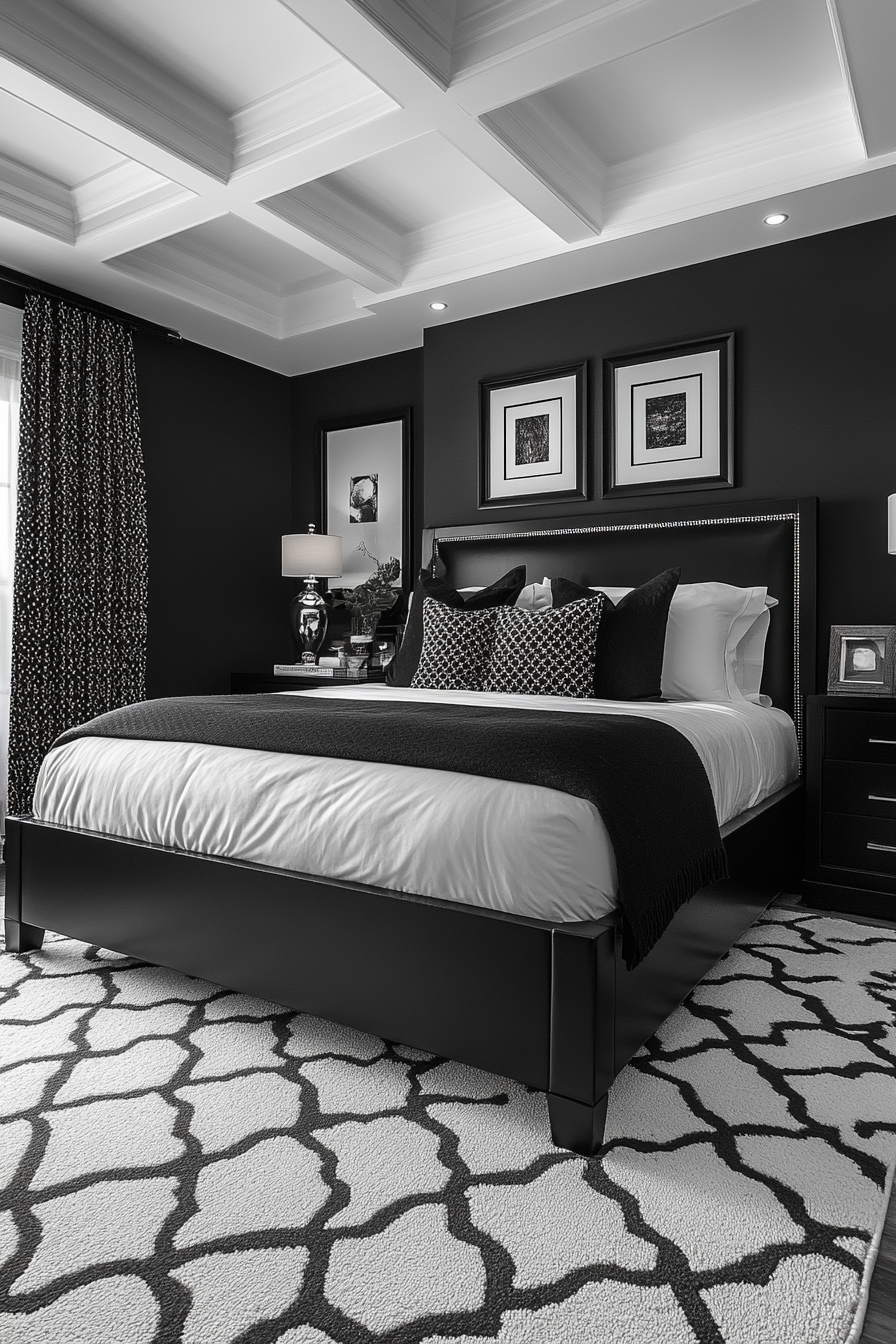 Monochrome master bedroom with varying shades and textures.