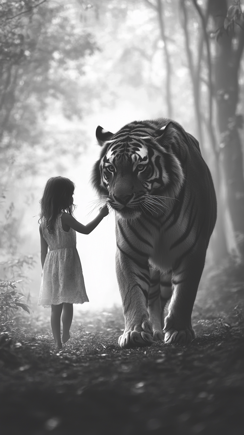 Monochrome photo of girl and tiger, ultra high-res.