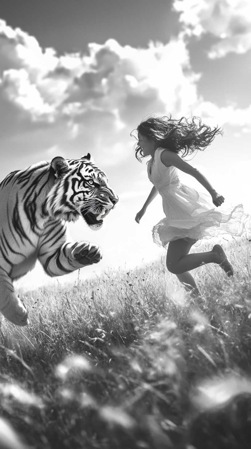 Monochrome photo of girl and tiger running in meadow.