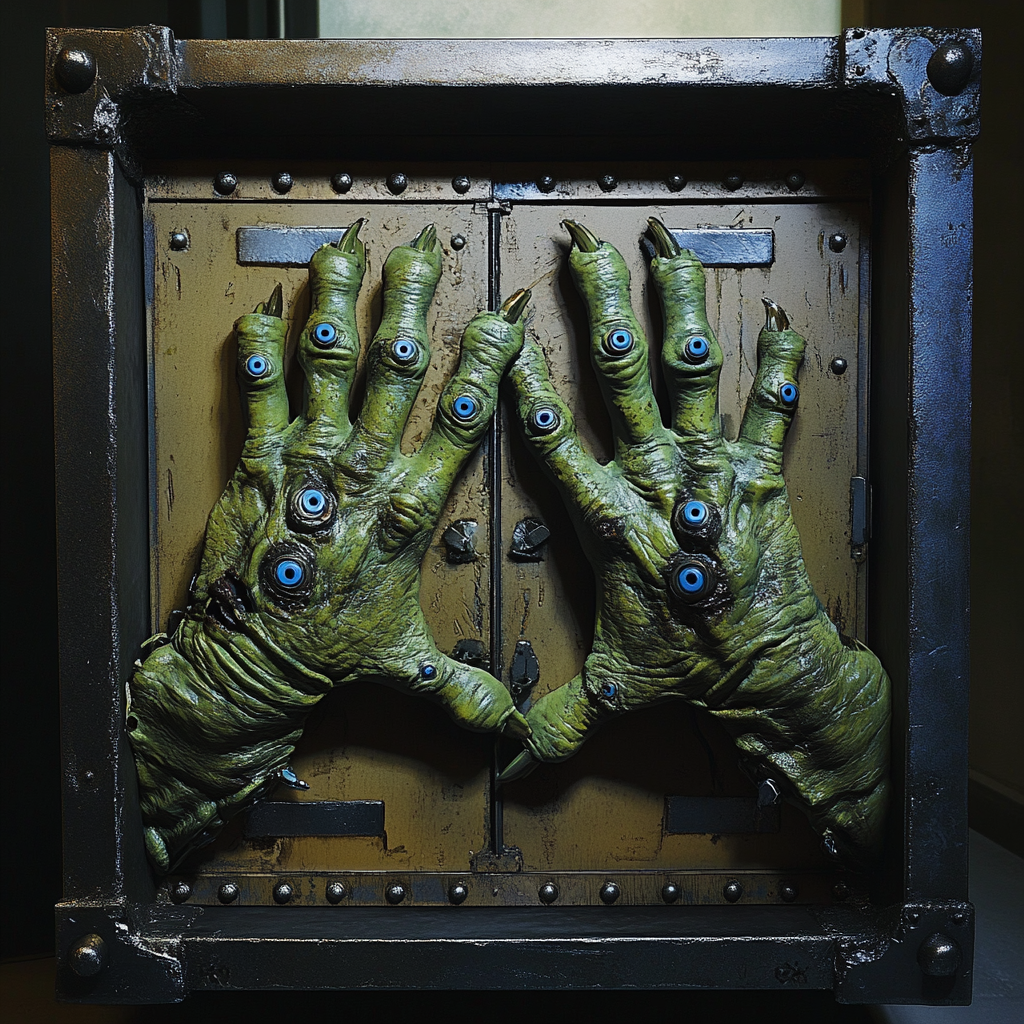 Monster's green hands with blue suction cups holding human.