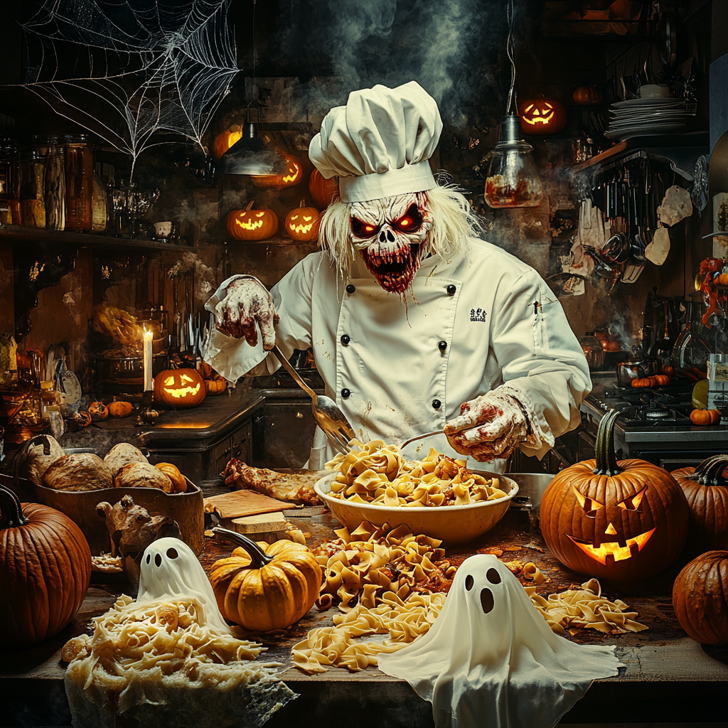 Monster Chef Preparing Italian Dishes for Halloween