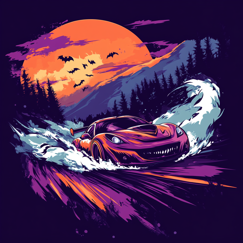 Monster chasing car, oversteer, smoke, Halloween-themed vector t-shirt design.