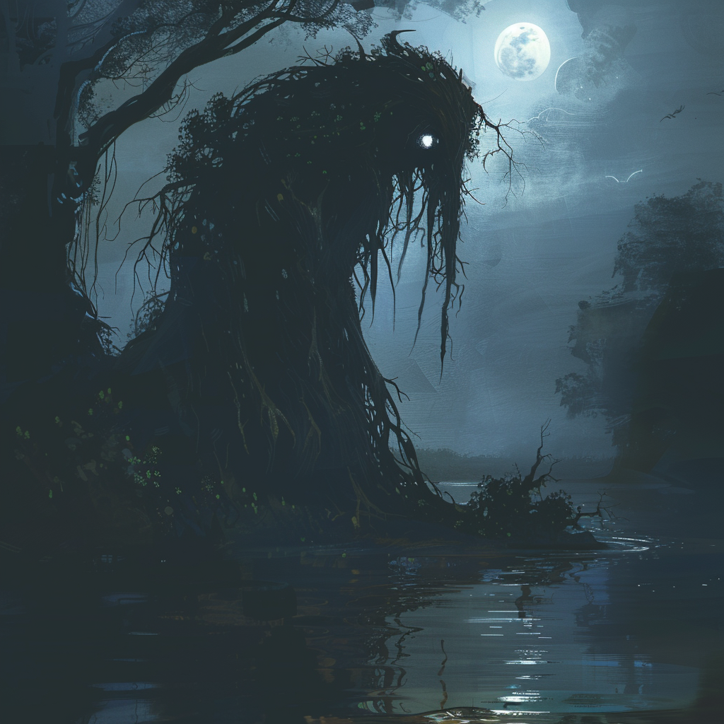 Monster emerging from river, glowing eyes in moonlight.