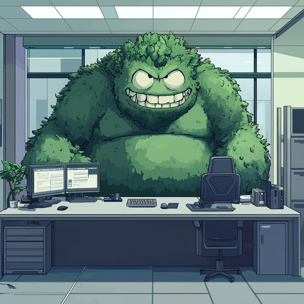 Monsters causing trouble in game company office. Error message.