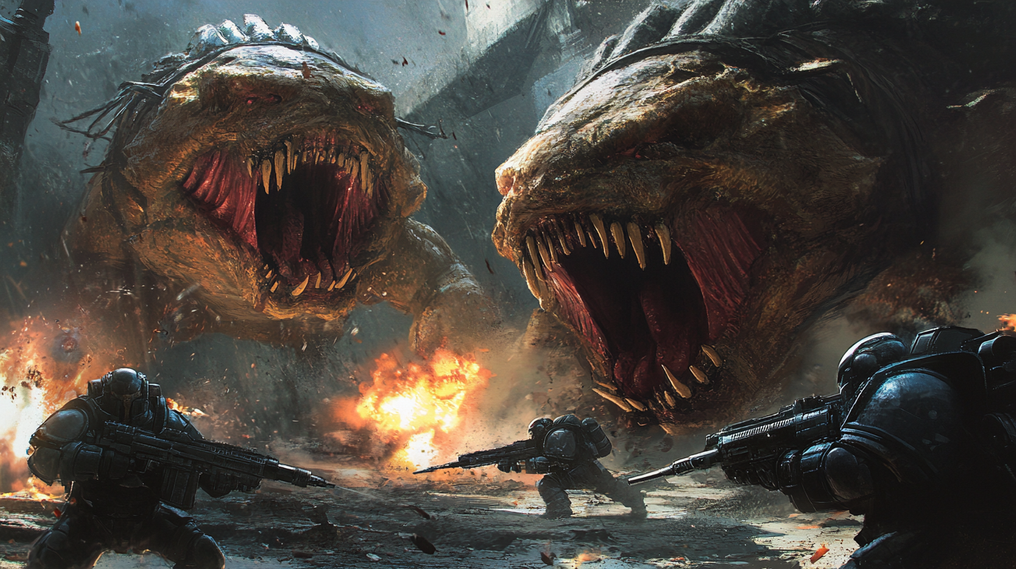 Monstrous fish-like creatures attack marines in intense battle.