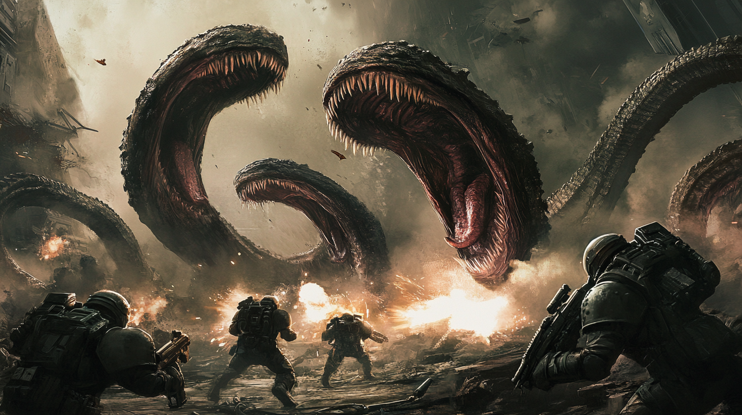 Monstrous giant fish-like creatures attack space marines in battle.