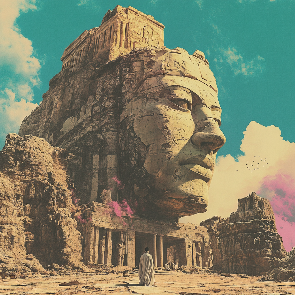 Monumental Album Cover Design: Towering Statue Dramatic Colors 