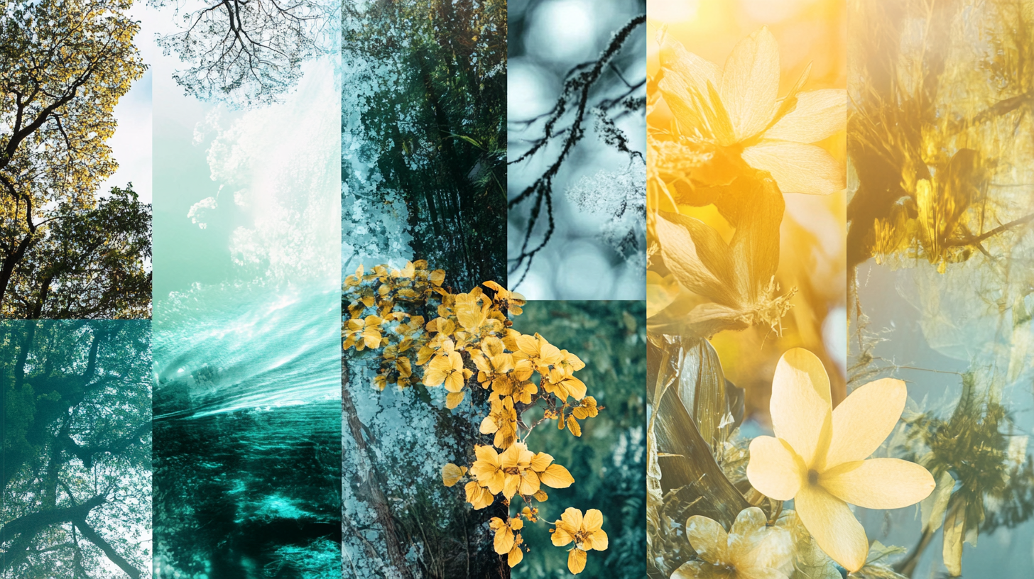 Mood board celebrating nature with yellow, green, blue.