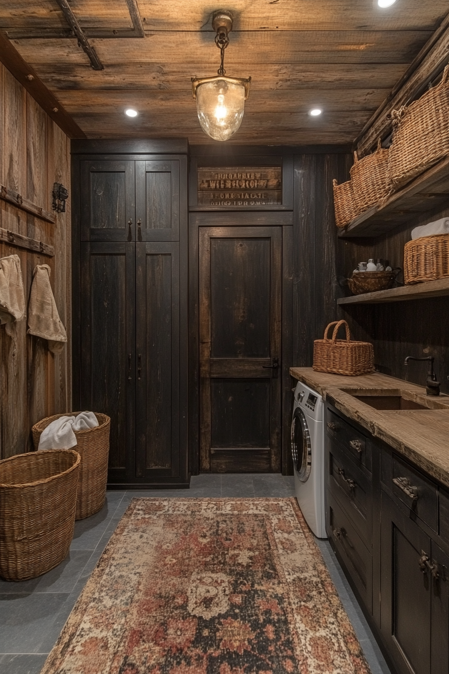 Moody Western Gothic laundry room with rugged elegance captured.