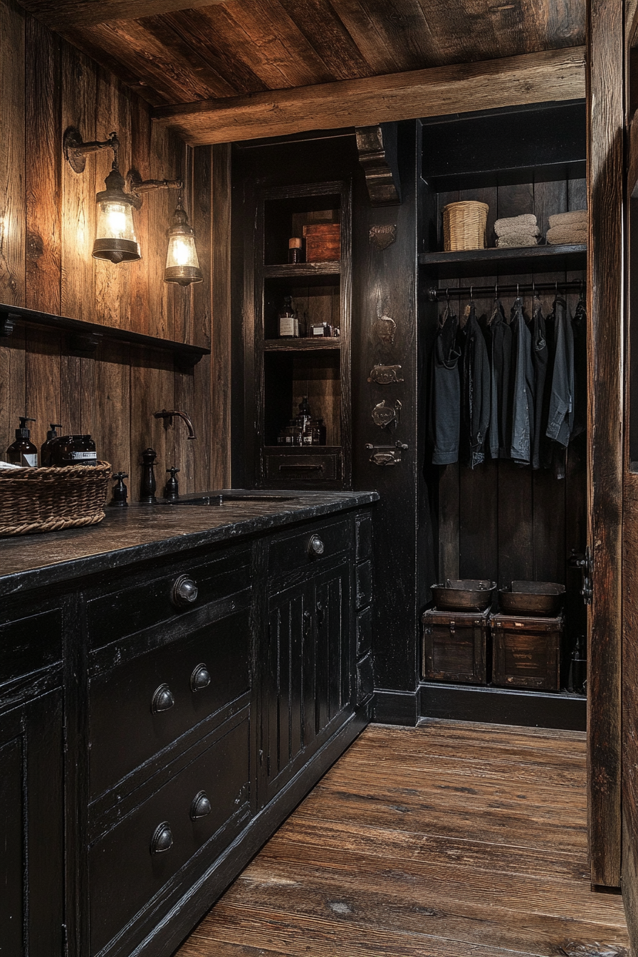 Moody Western Gothic laundry room with vintage lighting.