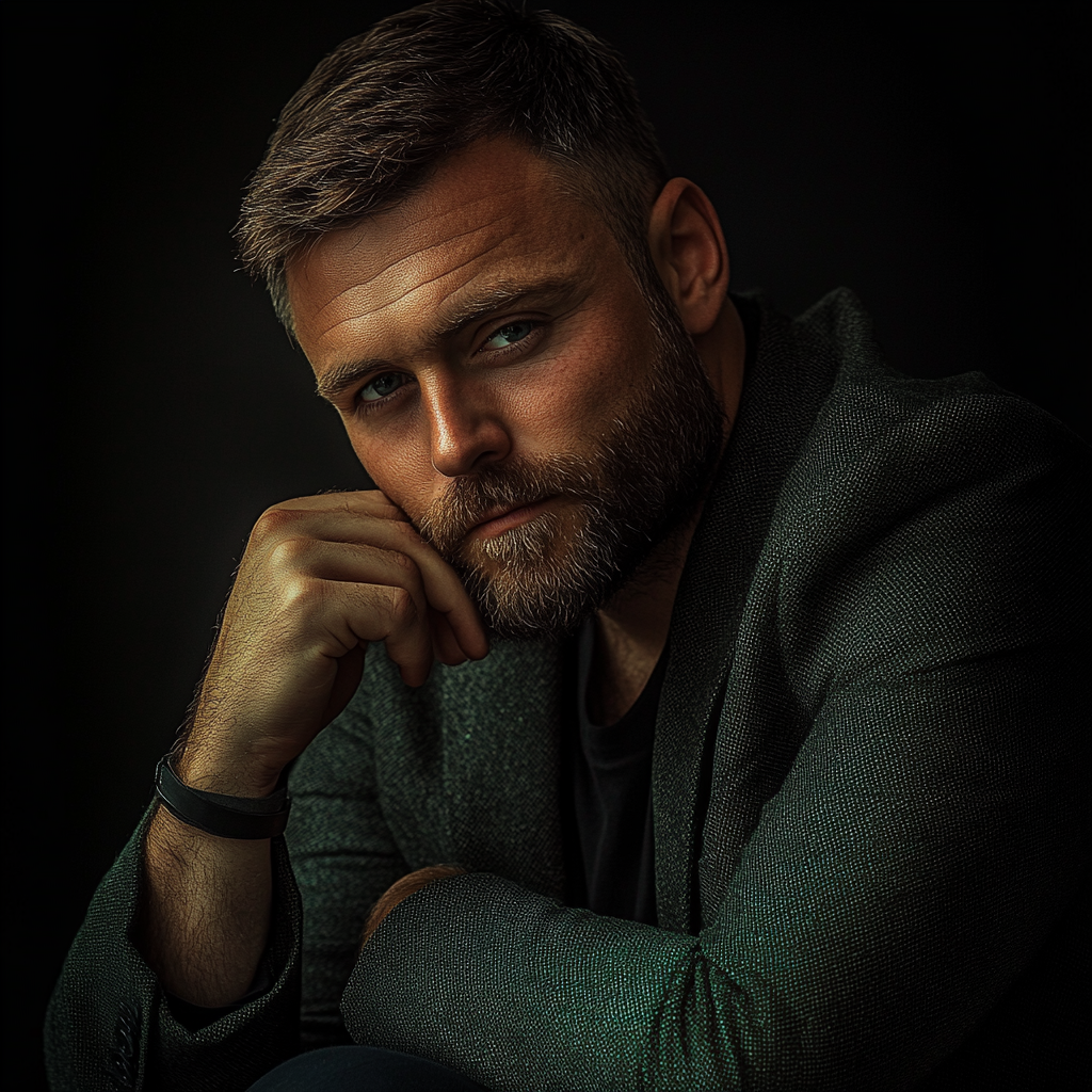 Moody man in dark blazer, contemplating with beard.