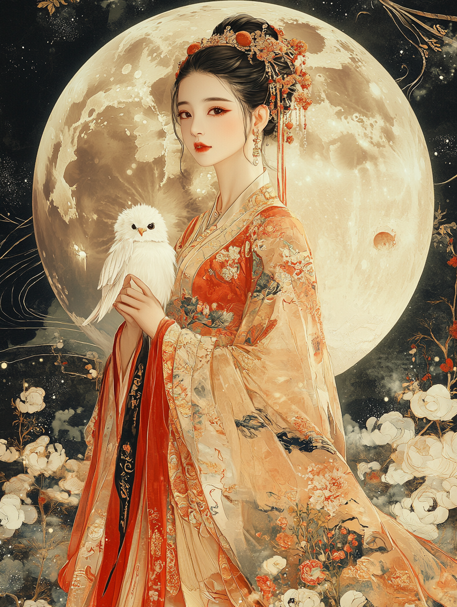 Moon Goddess Chang'e with white bird under full moon.