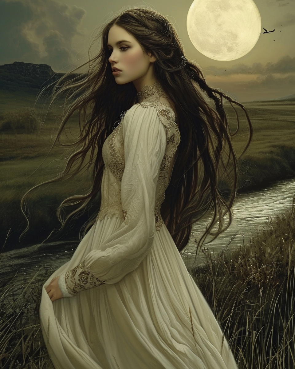 Beautiful Sorceress Standing in Field at Dawn