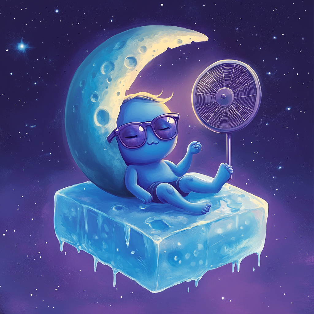 Moon character in sunglasses meditating on ice cube.