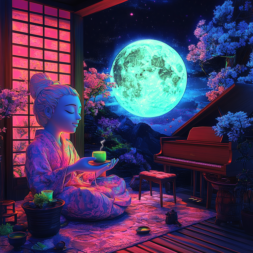 Moon character meditating in Japanese tea house with matcha.