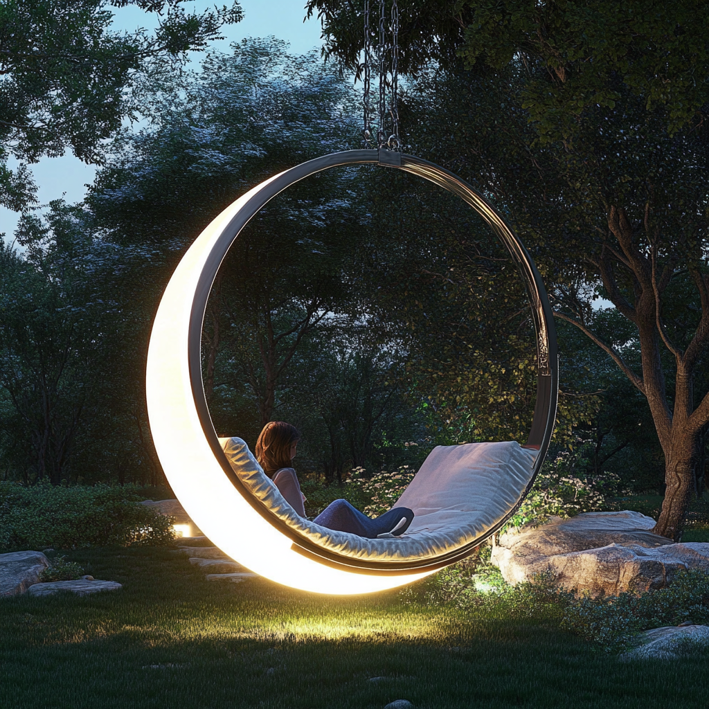 Moon-shaped swing with color-changing LED lights, luxury seat.