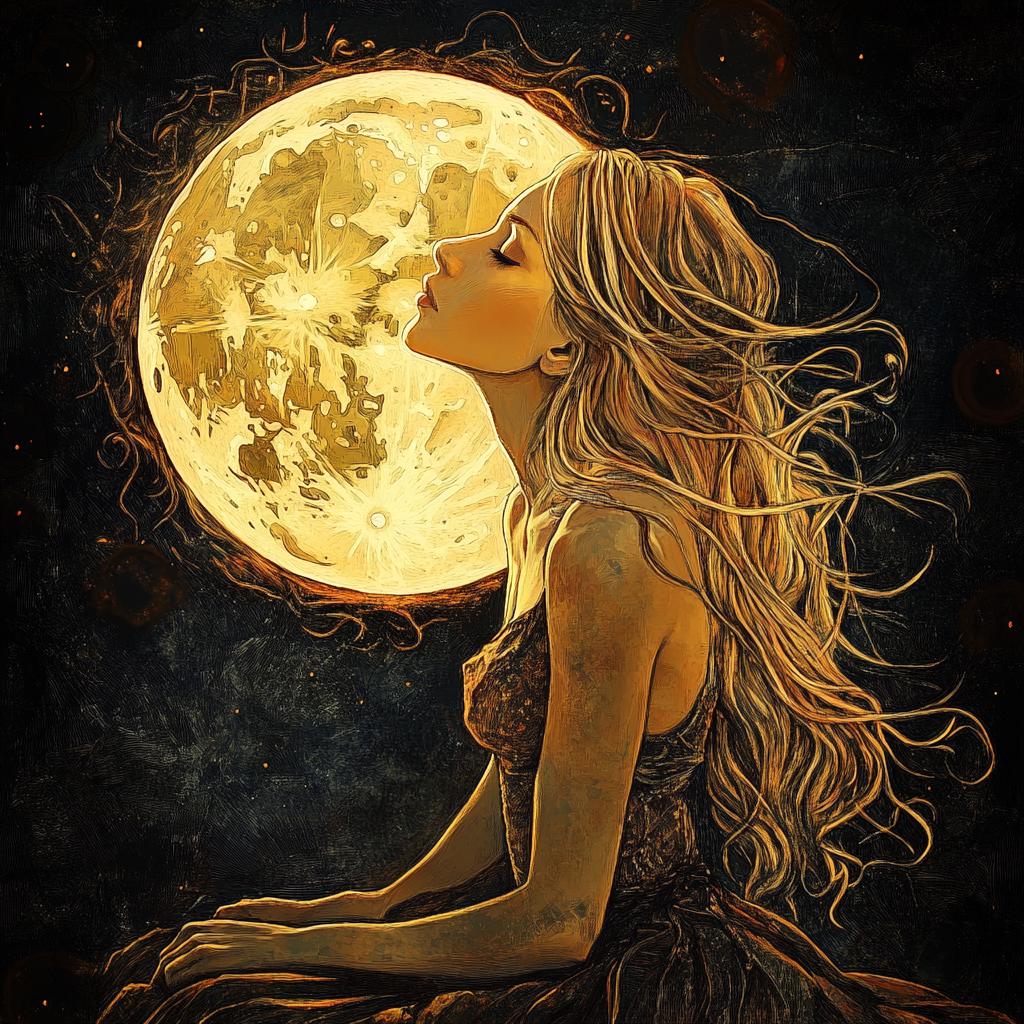 Moon whispers secrets, history, longing, dreams, luminous magic.