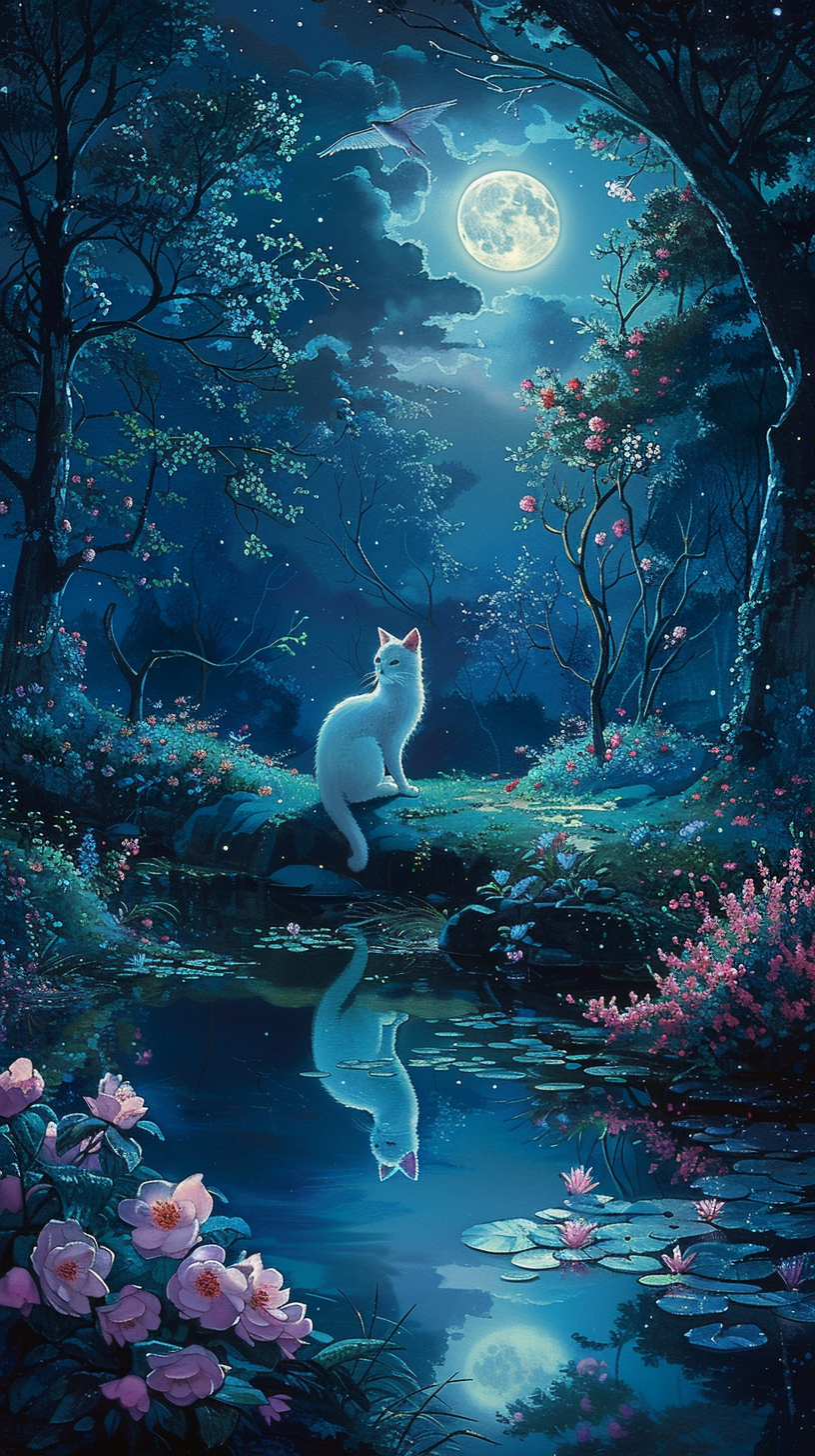 Moonlit Clearing with Glowing Flowers and White Cat