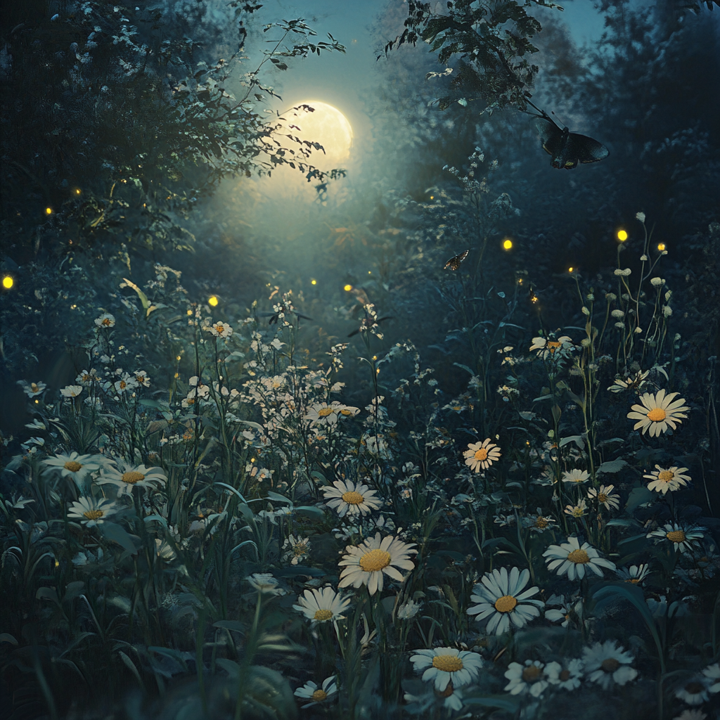 Moonlit Garden with Chamomile, Lemon Balm and Fireflies