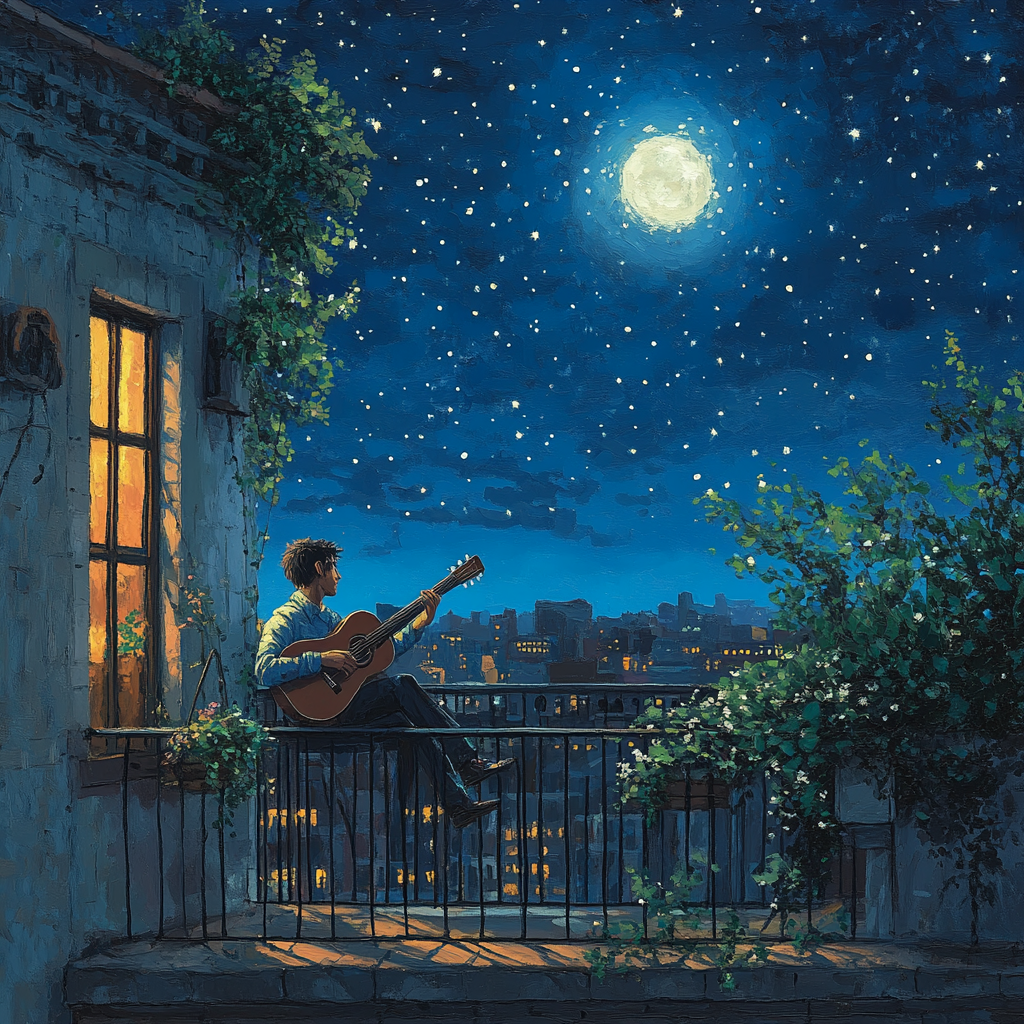 Moonlit balcony serenade: musician plays guitar under starry sky