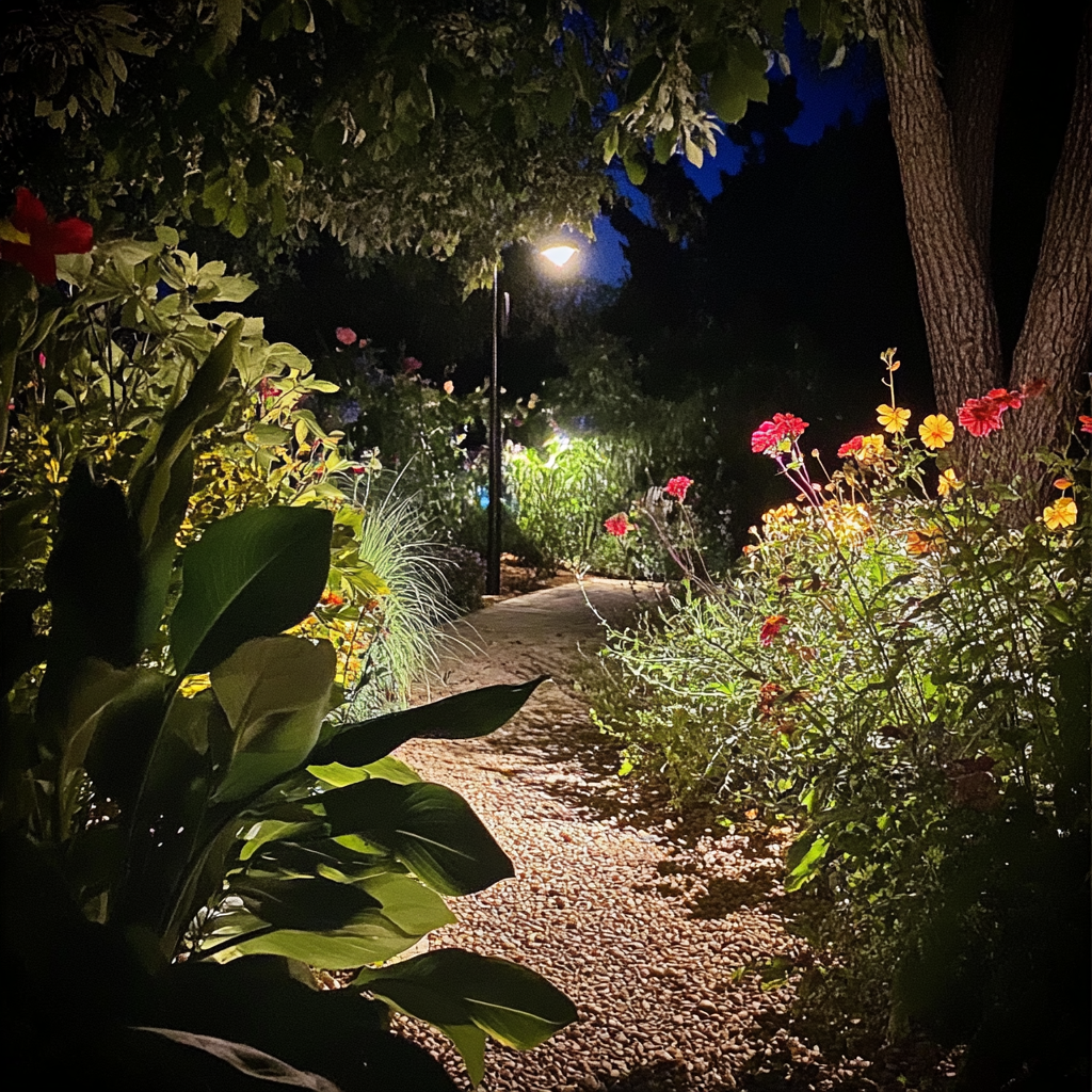 Moonlit garden with calming shadows on flowers, peaceful night