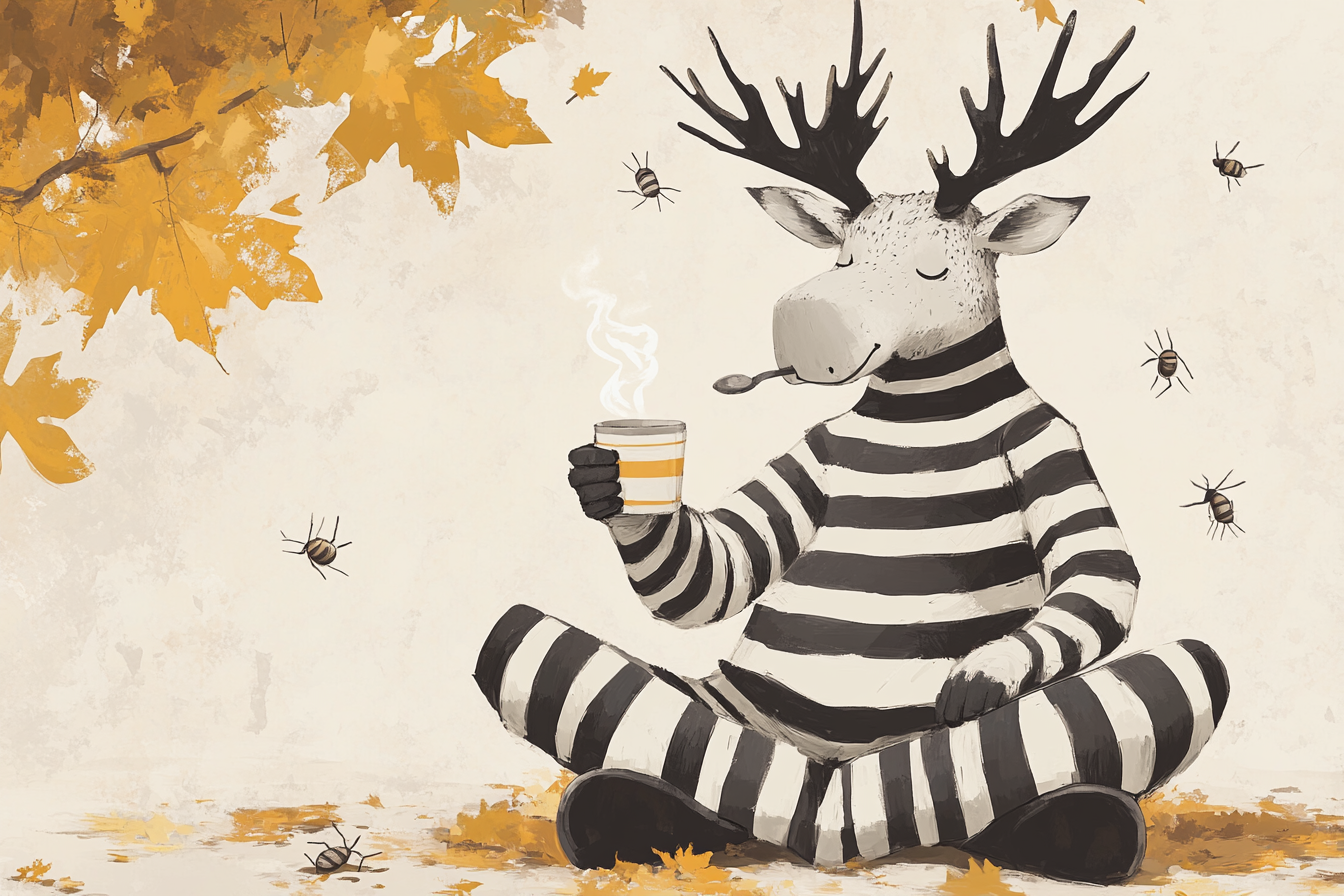 Moose in slippers drinking coffee surrounded by insects.