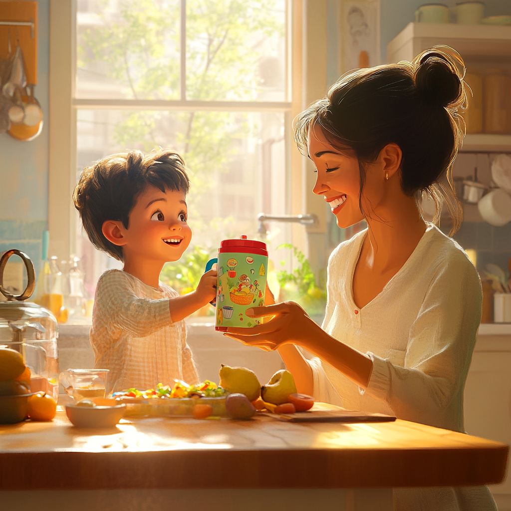 Morning Breakfast with Mother and Child in Kitchen