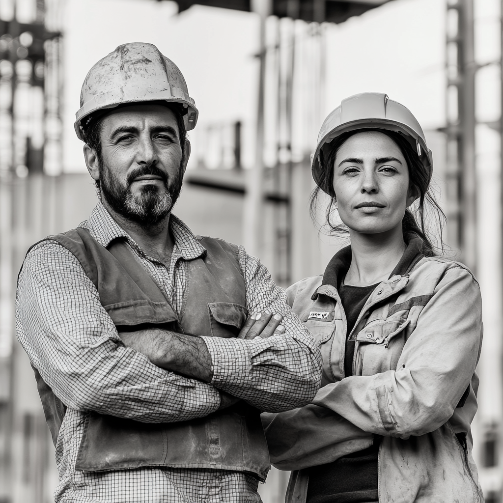 Moroccan man, European woman, workers in builder attire, construction.