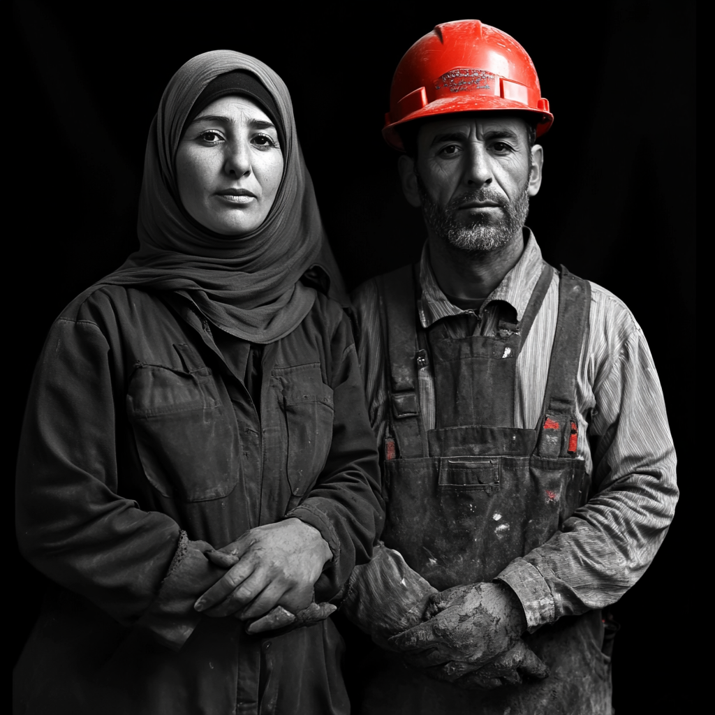 Moroccan man and woman in dirty builder's clothes.