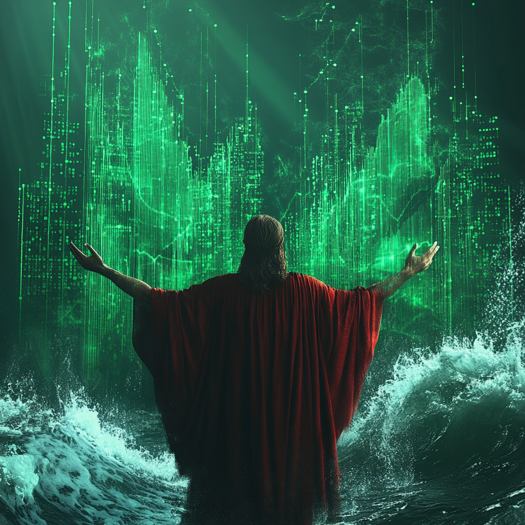 Moses parting green sea with graph bars