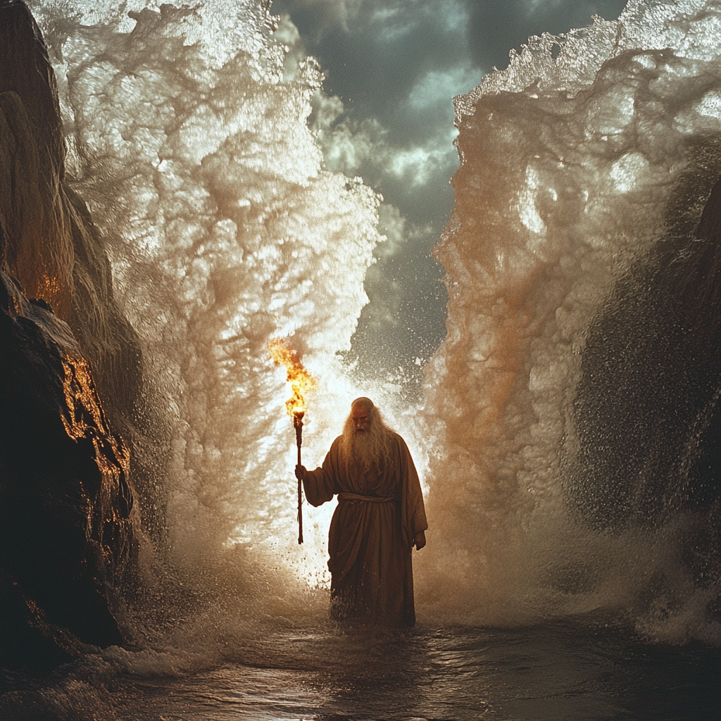 Moses parting red sea with torch in hand.