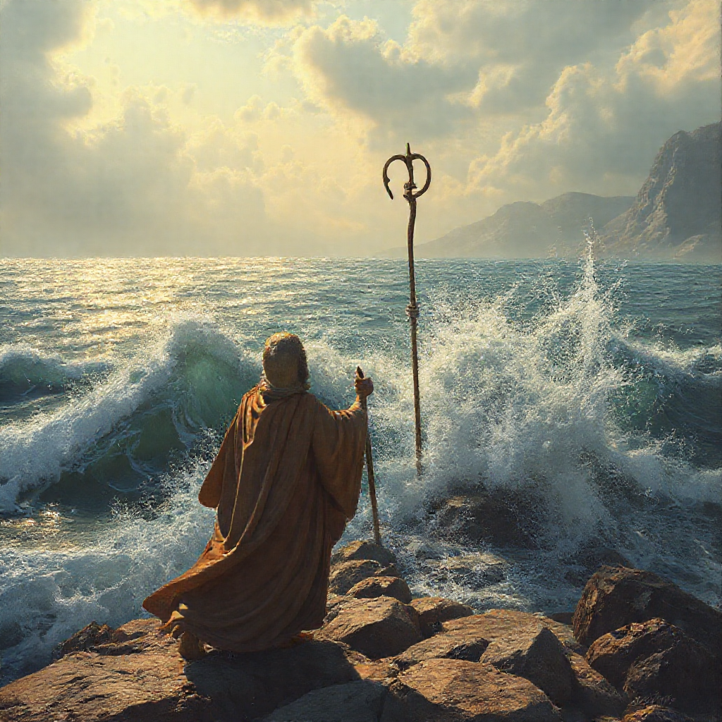 Moses splits sea with staff, creating miraculous path.