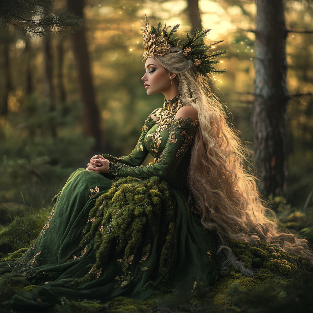 Moss covered throne in pine forest with fairy queen.