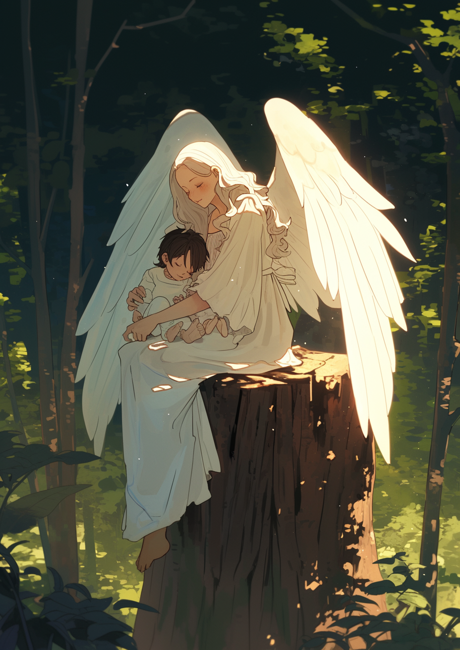 Mother Angel soothes baby in forest.