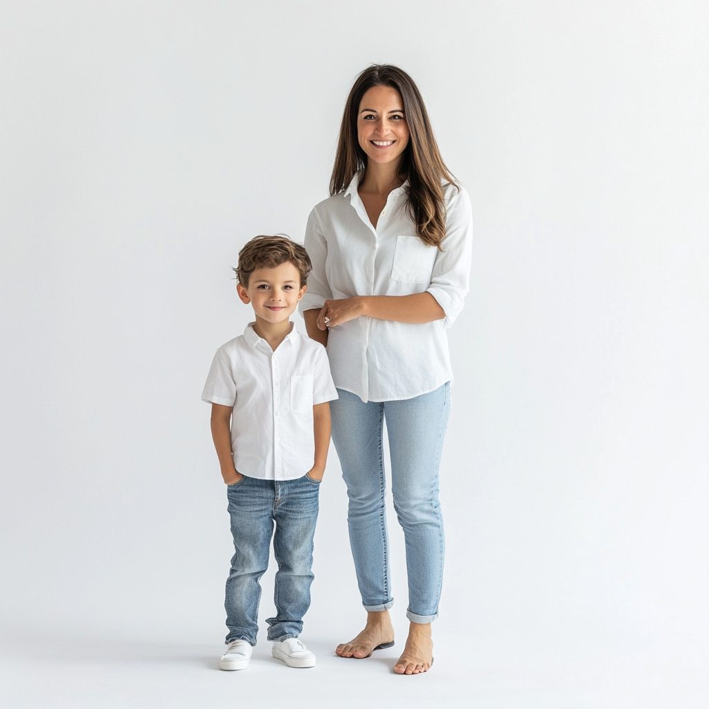 Mother and Child in Matching White Outfits