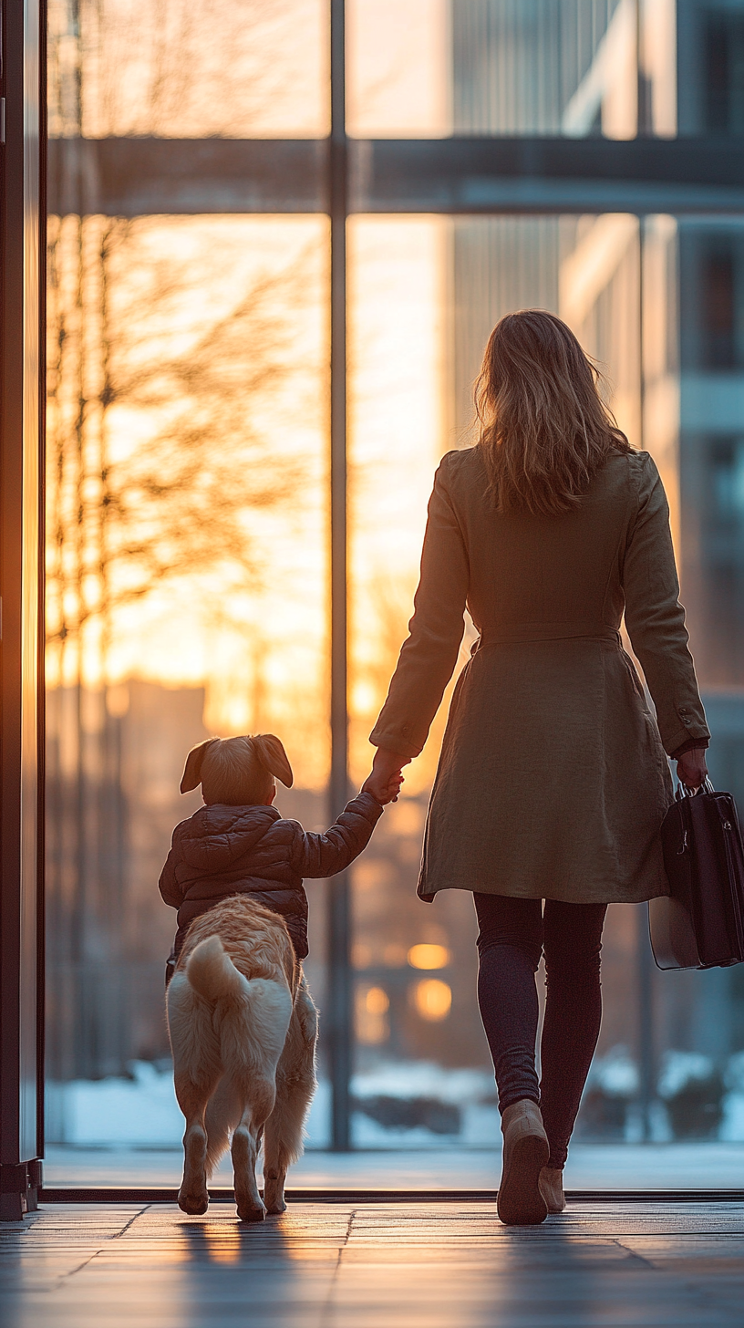 Mother and child walking dog in evening light