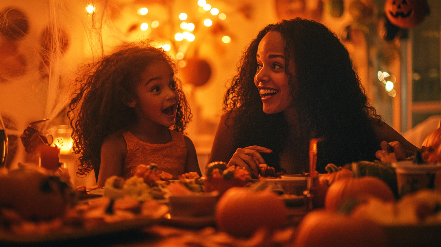 Mother and daughter enjoying Halloween festivities at table.