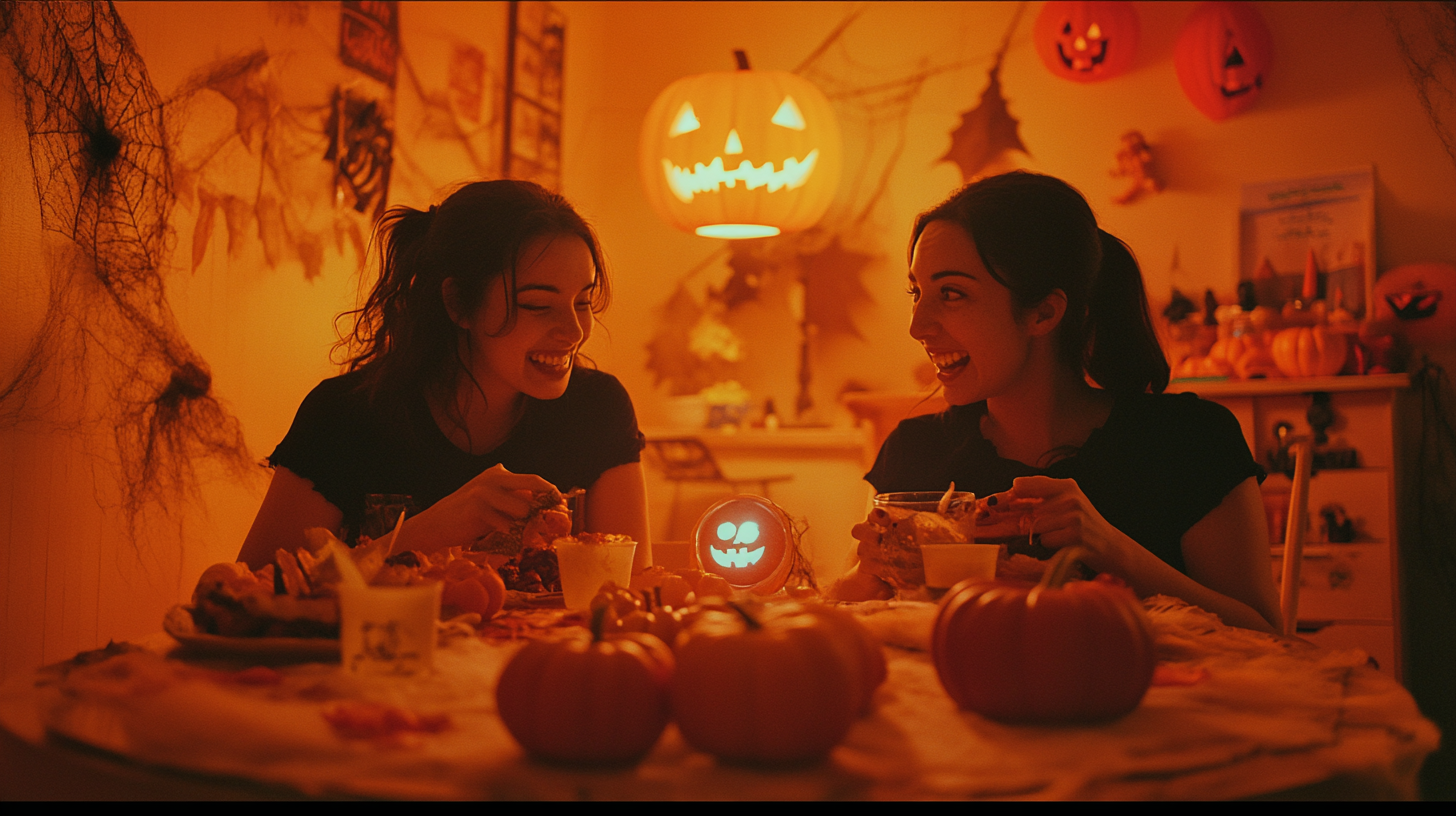 Mother and daughter enjoying Halloween music and snacks.