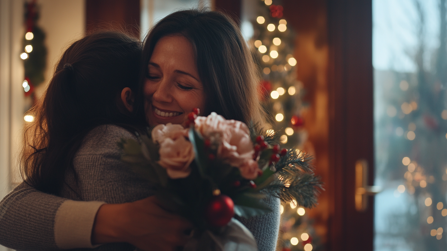 Mother and daughter hugging happily near Christmas decorations