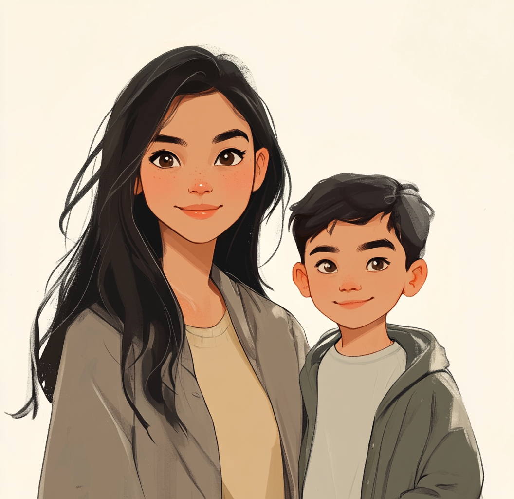 Mother and son cartoon characters in light tones.